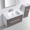 Modern bathroom vanity with storage drawer in white and grey finish, ideal for contemporary bathroom designs.