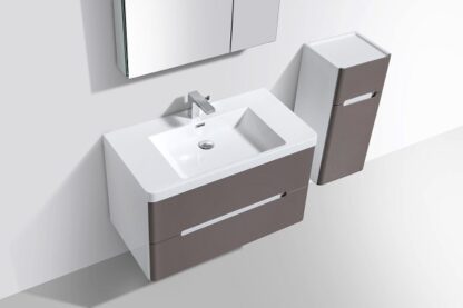 Modern bathroom vanity with storage drawer in white and grey finish, ideal for contemporary bathroom designs.