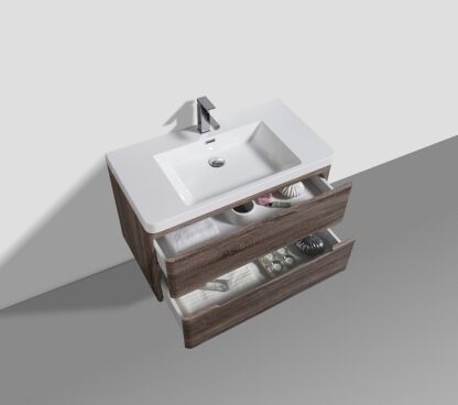 Contemporary bathroom vanity with a white ceramic sink and wooden drawer units, ideal for modern bathroom designs. Features ample storage space and stylish finish.