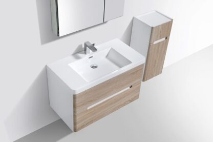 Contemporary bathroom vanity with wooden finish and wall-mounted mirror for modern bathroom designs.
