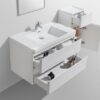 Modern white bathroom vanity with integrated sink, storage drawers, and open shelving for bathroom accessories. Perfect for contemporary bathroom décor and organization.