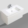 Modern white bathroom vanity with sink and chrome tap, perfect for contemporary bathroom designs. Durable and stylish bathroom furniture solution.