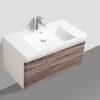 Modern wall-mounted bathroom vanity with a sleek white bowl and wood finish cabinet, ideal for contemporary bathroom designs and efficient space utilisation in South African homes.
