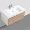 Modern bathroom vanity with wooden finish and integrated sink, ideal for contemporary bathroom designs.