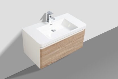 Modern bathroom vanity with wooden finish and integrated sink, ideal for contemporary bathroom designs.