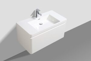 Contemporary white bathroom vanity with integrated basin and chrome tap, ideal for modern bathrooms and bathroom renovations in South Africa.