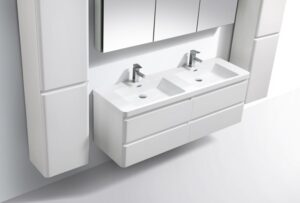 Double bathroom vanity with dual sinks and modern design, ideal for contemporary bathrooms. Featuring sleek white cabinetry and chrome taps, perfect for stylish bathroom renovations.