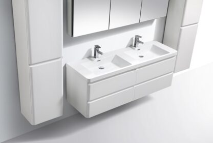 Double bathroom vanity with dual sinks and modern design, ideal for contemporary bathrooms. Featuring sleek white cabinetry and chrome taps, perfect for stylish bathroom renovations.