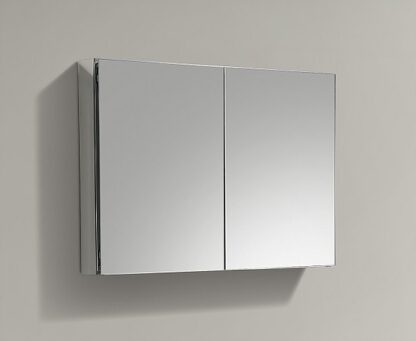 Mirror cabinet with dual doors for bathroom storage, modern design, sleek silver finish, perfect for bathroom organization and space-saving solutions.