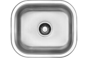 Stainless steel kitchen sink top view.