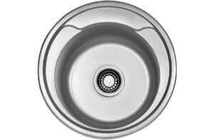 Stainless steel kitchen sink with drain hole, top view.