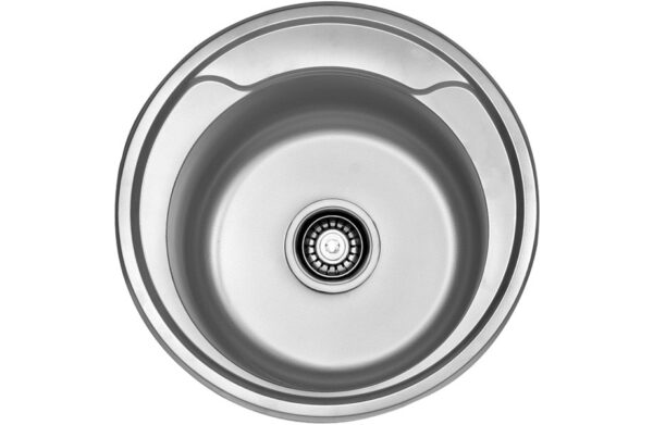 PCAS480L.jpg Stainless steel kitchen sink with drain hole, top view.
