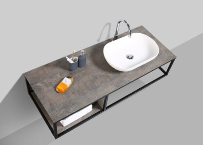 Modern bathroom vanity with a vessel sink and chrome faucet, featuring stylish accessories and storage for bathroom essentials. Perfect for contemporary bathroom designs.