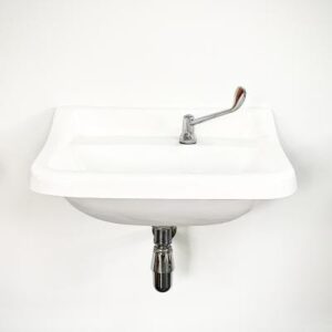 Stainless steel sink with modern single-handle faucet, ideal for bathroom or wash area, available at Bathroom Store.
