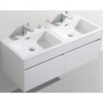 Double white bathroom vanity with dual sinks and modern faucets for stylish bathroom upgrades.