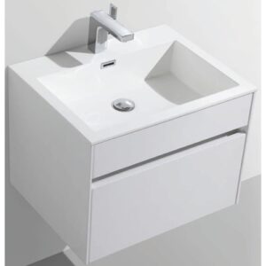 Sleek modern bathroom vanity with integrated sink and storage cabinet in white for contemporary bathroom design.