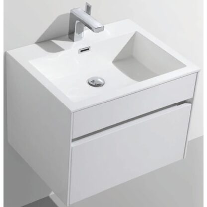 Sleek modern bathroom vanity with integrated sink and storage cabinet in white for contemporary bathroom design.
