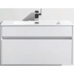 Modern white bathroom vanity with sleek drawer storage and a stylish rectangular inset sink, perfect for contemporary bathroom designs.