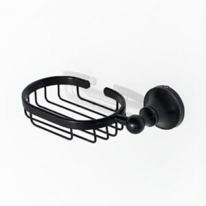 Black metal shower caddy wall mount for bathroom storage, sleek bathroom accessories, organised bathroom essentials, durable shower shelf, bathroom store South Africa.