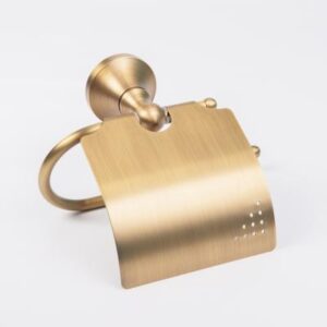 Brass toilet paper holder with cover, modern bathroom accessory, durable and stylish for bathroom decor.
