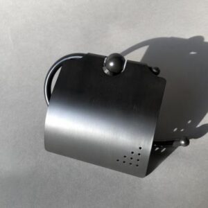 Modern stainless steel bathroom toilet paper holder with sleek design.