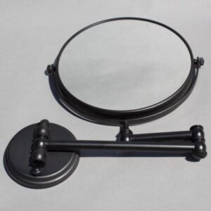 Round black wall-mounted magnifying mirror with extendable arm, perfect for modern bathrooms; quality bathroom accessories from Bathroom Store South Africa.