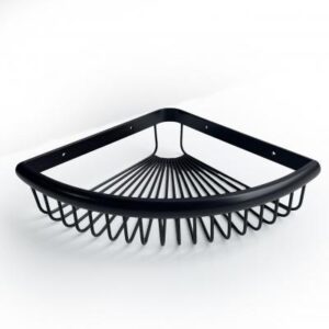 Black shower caddy with wire shelf for bathroom storage—ideal for organizing toiletries and accessories efficiently.