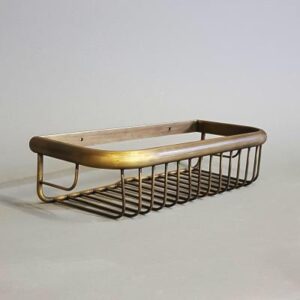 Stylish brass-framed bathroom shelf with wooden top and wire storage basket, ideal for bathroom organization and decor.