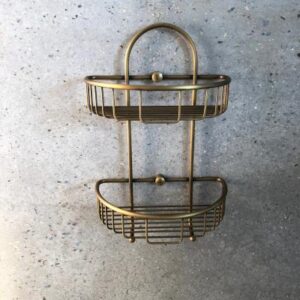 Rustic gold double-tier bathroom shower caddy for convenient soap, shampoo, and toiletries storage, ideal for modern bathroom decor.