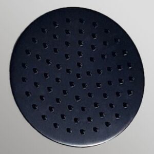 Black shower head with multiple nozzles, modern bathroom fixture for optimal water flow.