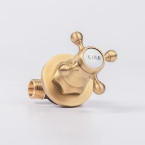 Highly detailed, modern brass bathroom tap with a "COLD" label, designed for luxury bathroom fixtures, showcasing high-quality craftsmanship and stylish finishes for elegant bathroom renovations.