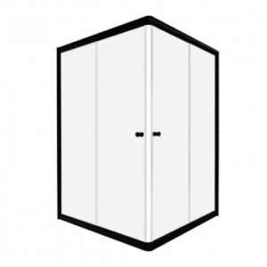 Frameless white shower cubicle with black frame, ideal for modern bathrooms, durable and easy to clean.
