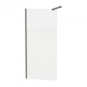 Tempered glass shower screen with black support bar, modern bathroom shower enclosure for stylish interiors.