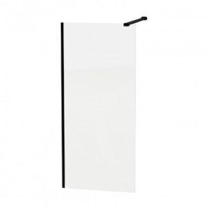 Elegant glass shower door with black trim for modern bathroom designs.