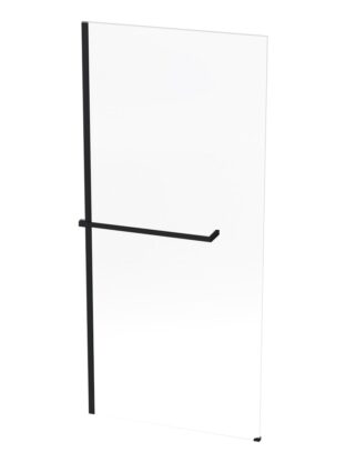 Sleek glass shower screen with black frame and safety bar for modern bathroom aesthetics. Perfect for enhancing shower space functionality and style.