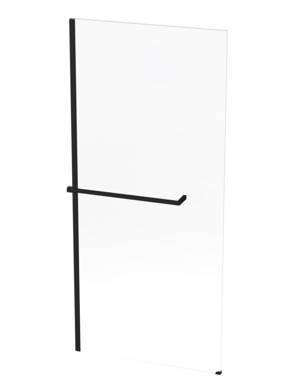 Sleek black towel rail on a modern glass shower screen for contemporary bathroom design. Perfect for adding functionality and style to your bathroom setup.