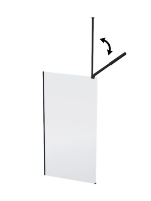 Glass shower screen with adjustable hinge for modern bathroom designs.