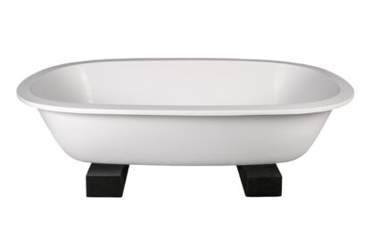 Stylish freestanding white bathtub with black feet, ideal for modern bathrooms - Bathroom Store South Africa.