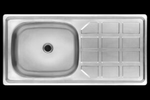 Stainless steel kitchen sink with drainer, modern design, durable material, ideal for contemporary bathrooms and kitchens, from Bathroom Store.