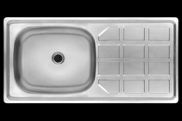 Stainless steel kitchen sink with drainer, modern design, durable material, ideal for contemporary bathrooms and kitchens, from Bathroom Store.