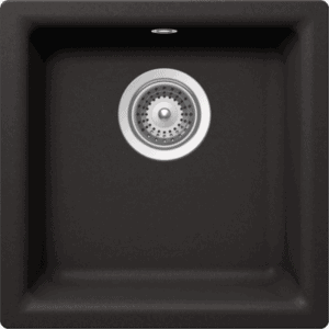 Modern black kitchen sink with stainless steel drain and minimalist design, ideal for contemporary kitchens. Perfect for stylish and functional kitchen upgrades.