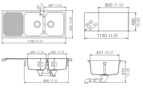 1160x500 double bowl kitchen sink with integrated drainer, made from durable stainless steel, ideal for modern bathrooms and kitchens in South Africa.