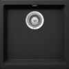 Black undermount kitchen sink with stainless steel drain, ideal for modern kitchen renovations and high-quality water drainage.