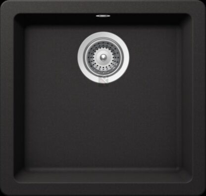 Black undermount kitchen sink with stainless steel drain, ideal for modern kitchen renovations and high-quality water drainage.