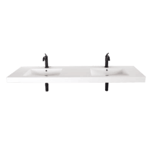 Double-basin bathroom vanity with black faucets and sleek design, ideal for modern bathrooms. Perfect for stylish bathroom renovations and upgrades in South Africa.
