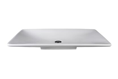 Sleek white rectangular bathroom sink with modern design and central drain for stylish and functional bathroom decor. Perfect for upgrading your bathroom with quality fixtures.