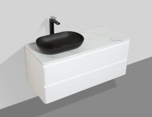 Elegant modern bathroom vanity with black vessel sink and minimalist design, ideal for contemporary bathrooms. High-quality fixtures for stylish and functional bathroom decor.