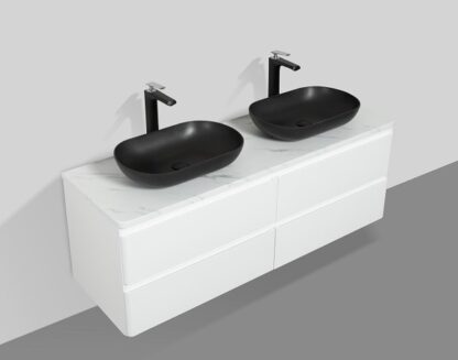 Sleek black vessel sinks with modern tall taps on a white bathroom vanity unit, perfect for contemporary bathroom designs and providing a stylish, functional vanity solution.