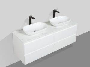 Contemporary double vanity bathroom cabinet with two white vessel sinks and black faucets in a modern bathroom setting.