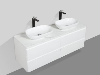 Contemporary double vanity bathroom cabinet with two white vessel sinks and black faucets in a modern bathroom setting.